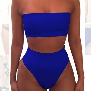 Blue Bandeau High Waist Bikini w/Detachable Straps